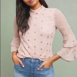 Anthropologie Hutch Phillipa Medium Pink Gold Polka Dot Mock Neck Ruffle Blouse